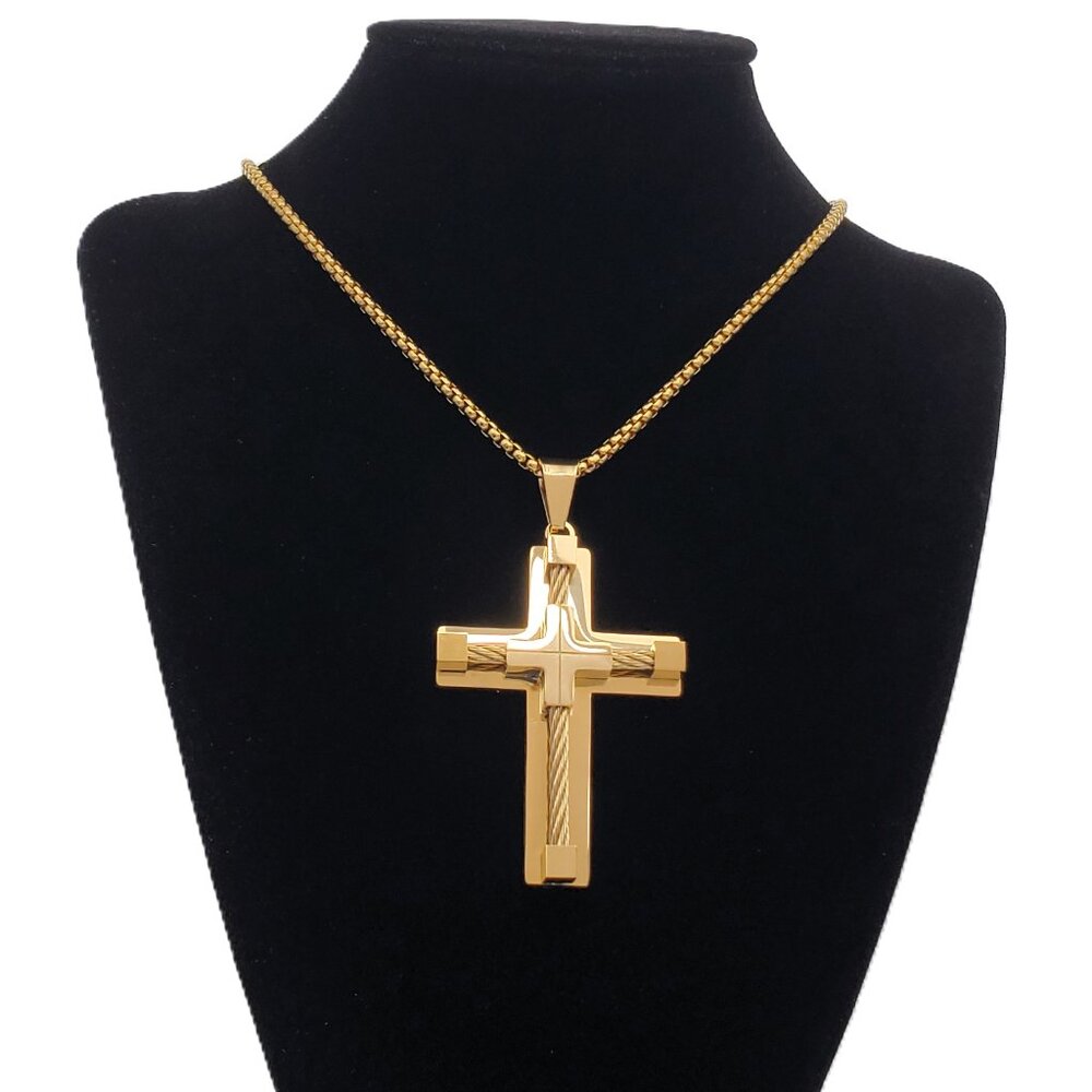 14K Gold Mens 24" Chain Link Cross Crucifix Necklace Guys Christian Jewelry